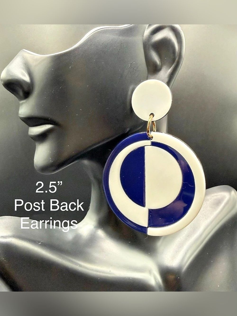 E59. Navy Blue & White Geometric Color block Earrings